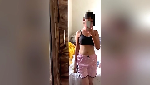 College classroom solo naked brunette in a college class