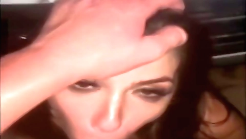 Brunette shows her tight nipples and takes a deep blowjob