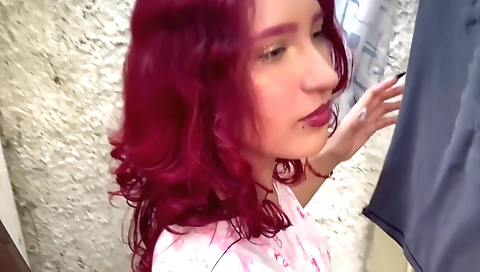 Deep throat red head is naked and touching my pussy