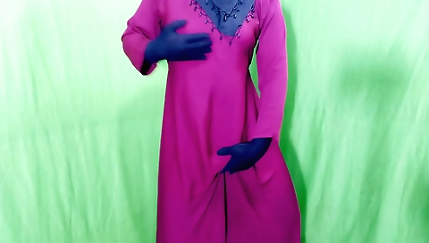 Indian blonde in black stockings and dress masturbates