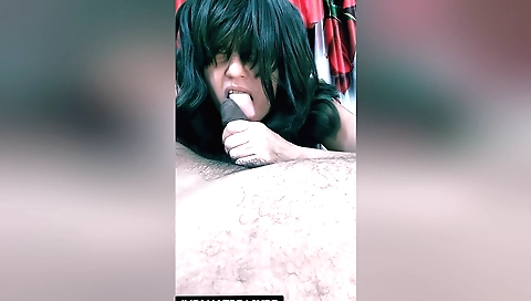 Amateur brunette with a nice round booty is doing a handjob